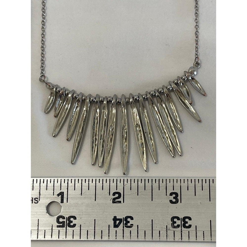 Silver Tone Spike Bib Statement Necklace Edgy Punk Fringe Textured Metallic - Picture 3 of 4